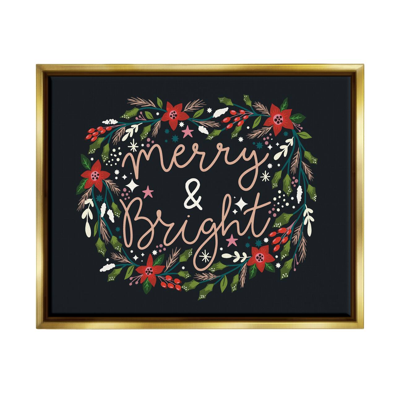 Stupell Industries Merry & Bright Poinsettia Wreath Framed Floater Canvas Wall Art